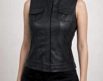 Zwart leren vest dames | Leren Moto-vest met ritssluiting | Leren bikervest | Luxe leren bovenkleding