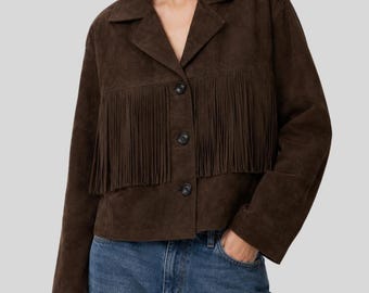 Women Brown Suede Fringe Jacket – Cropped Western Suede Coat – Vintage Cowgirl Fringe Jacket for Fall Outfit