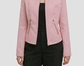 Roze leren damesjas – slim-fit jack met rits – korte leren jas met minimale structuur