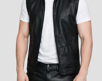 Men's Black Leather Hooded Vest: Sleeveless Moto Style Jacket -Streetwear For Men -Fashion Wear