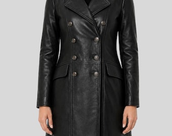 Womens Black Leather Tailcoat Jacket: Gothic Steampunk Military Coat