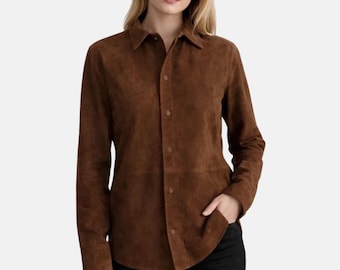 Women Brown Suede Shirt Jacket – Soft Suede Button Down Shirt for Women | Casual Western Suede Top