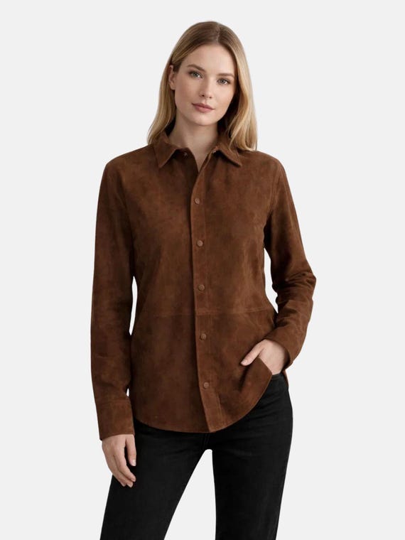 Women Brown Suede Shirt Jacket – Soft Suede Button Down Shirt for Women | Casual Western Suede Top