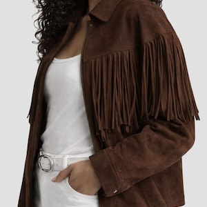 Brun mockajacka med fransar för kvinnor | Western mockajacka | Boho mockakappa med fransar | Chokladbrun jacka med fransar bild 3