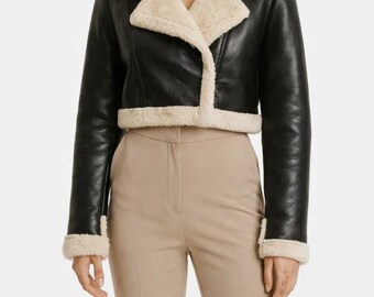 Womens Cropped Shearling Leather Jacket – Black Moto Jacket With Fur- Zip Up Jacket- Luxury Handmade Jacket