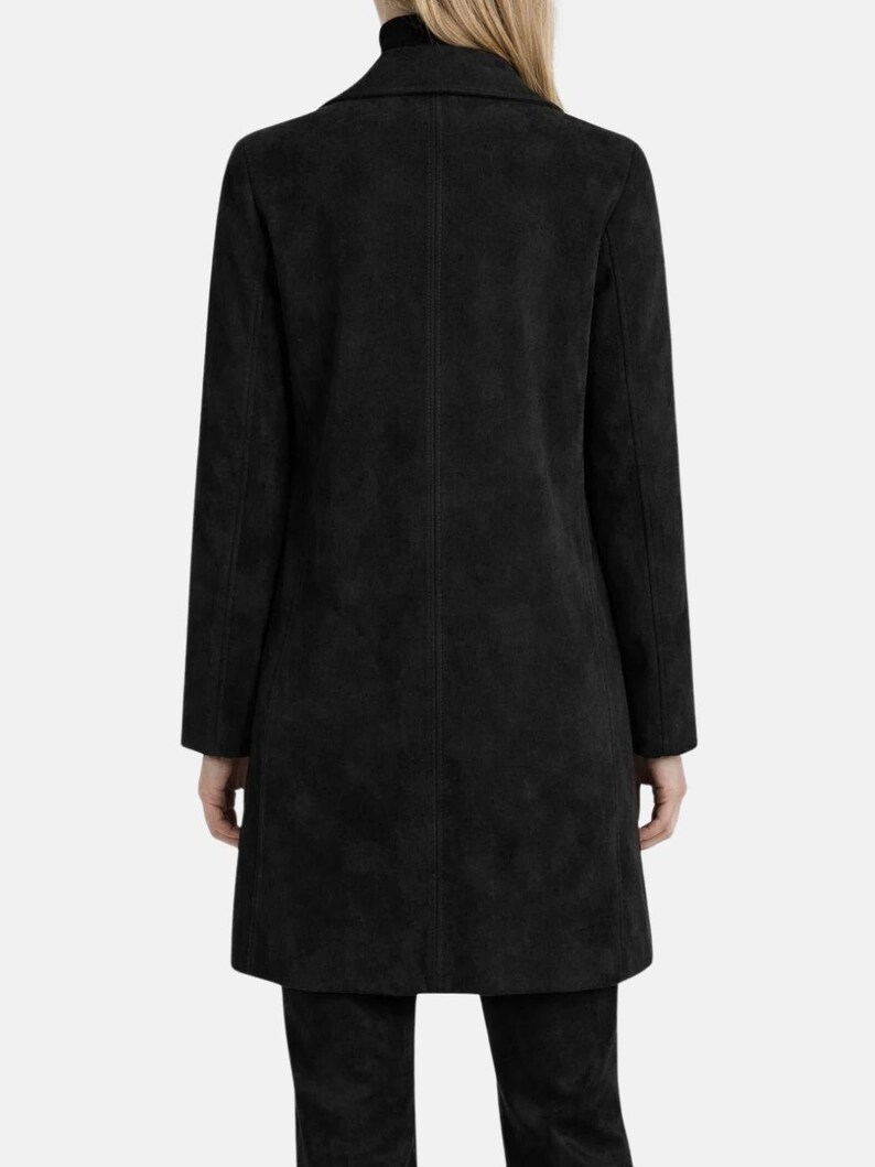 Luxe double-breasted jas van suède lamsleer - lange zwarte trenchcoat - stijlvolle outfit en uitloper voor dames afbeelding 2