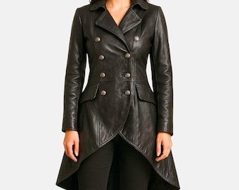 Womens Black Leather Tailcoat Jacket: Gothic Steampunk Military Coat