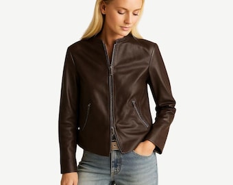 Women Dark Brown Sheepskin Leather Moto Jacket - Slim Fit Biker Inspired Jacket- Handmade Top