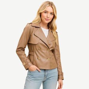 Brown Faux Leather Blazer for Women- Short Trench Coat for Women- Wide Collar Jacket- Buttoned Coat- Perfect Gift For Her