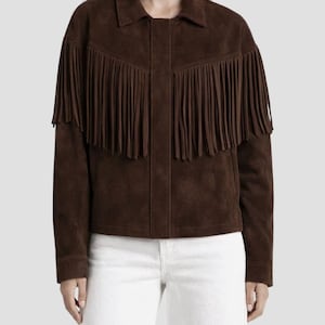 Brun mockajacka med fransar för kvinnor | Western mockajacka | Boho mockakappa med fransar | Chokladbrun jacka med fransar bild 4