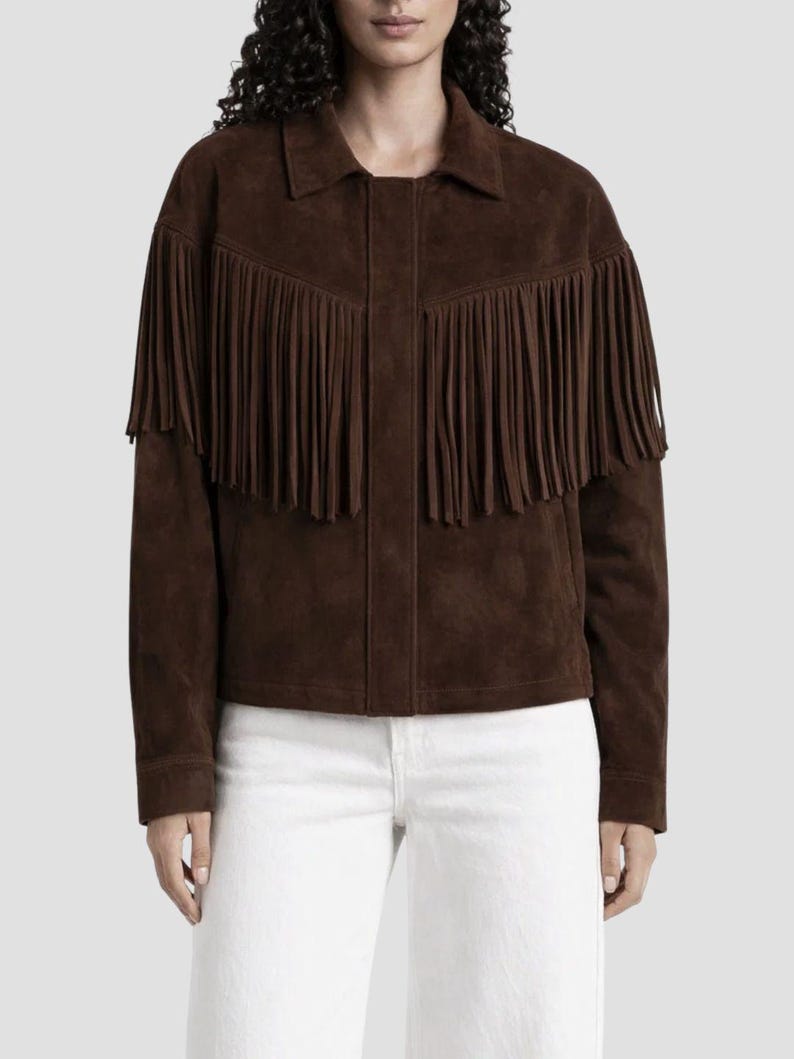 Brun mockajacka med fransar för kvinnor | Western mockajacka | Boho mockakappa med fransar | Chokladbrun jacka med fransar bild 4
