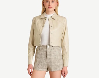 Women's Cropped Beige Leather Jacket - Handmade Bomber