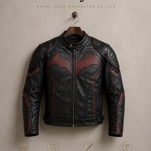 Puede incluir: Una chaqueta de cuero negra con un emblema en forma de murci&eacute;lago de color rojo oscuro en el pecho, cuello alzado con bot&oacute;n a presi&oacute;n y cremallera frontal completa. La chaqueta incluye paneles texturizados en los hombros y detalles en rojo.