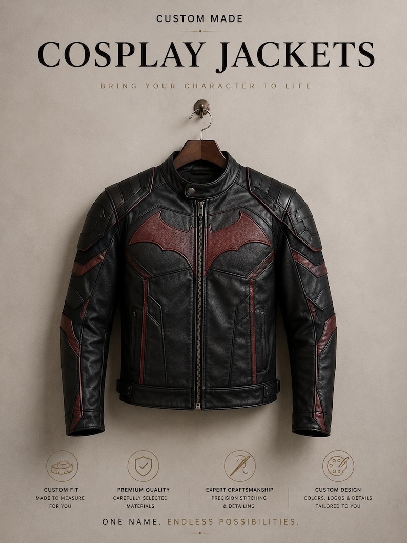 Puede incluir: Una chaqueta de cuero negra con un emblema en forma de murci&eacute;lago de color rojo oscuro en el pecho, cuello alzado con bot&oacute;n a presi&oacute;n y cremallera frontal completa. La chaqueta incluye paneles texturizados en los hombros y detalles en rojo.