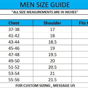 May include: A blue and white chart titled "MEN SIZE GUIDE" with size measurements in inches. The chart includes sizes XS to 5XL, with corresponding chest, shoulder, fits to chest, and sleeve measurements. Text at the bottom reads "FOR CUSTOM SIZING, MESSAGE US."