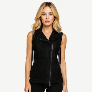 Womens Western Suede Vest Jacket – Sleeveless Sheepskin Coat with Fringe Sides , Black Suede Vest  ,  Cowgirl Suede Vest , Gift For Her