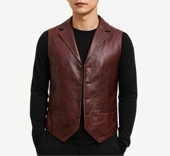 Mens Brown Leather Dress Vest: Button-up Waistcoat- Sleeveless Jacket-  Minimalist Outfit - Etsy New Zealand