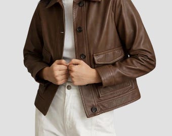 Trucker Jacket for Women- Sheepskin Leather Jacket- Brown Leather Jacket- Cropped Button Jacket- Gift For Her