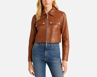 Cropped Brown Sheepskin Leather Bomber Jacket - Women's Moto Style-Handmade Sheepskin Outerwear
