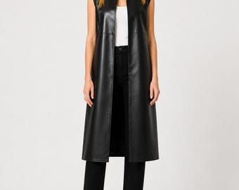 Minimalist Sheepskin Leather Vest: Women's Sleeveless Trench Coat- Long Luxury Coat- Stylish Outfit & Outwear
