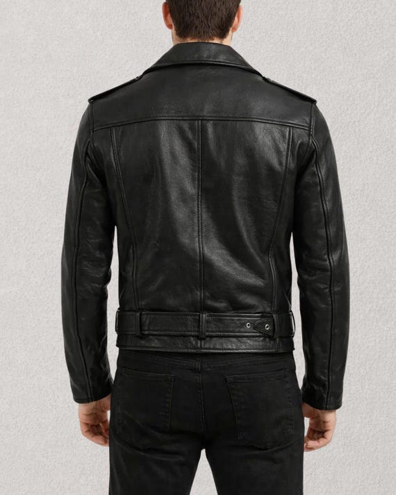 Mens Black Sheepskin Moto Jacket: Asymmetrical Biker Streetwear