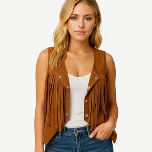 Women Brown Suede Fringe Vest , Western Leather Vest , Women Boho Suede Vest For Streetwear & Outerwear , Cowgirl Suede Vest  , Gift For Her