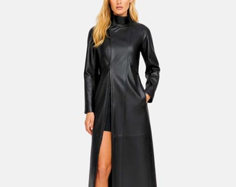 Halloween Witch Leather Trench Coat | Women’s Gothic Black Corset Jacket | Witchy Leather Coat for Women | Fantasy Cosplay Outfit
