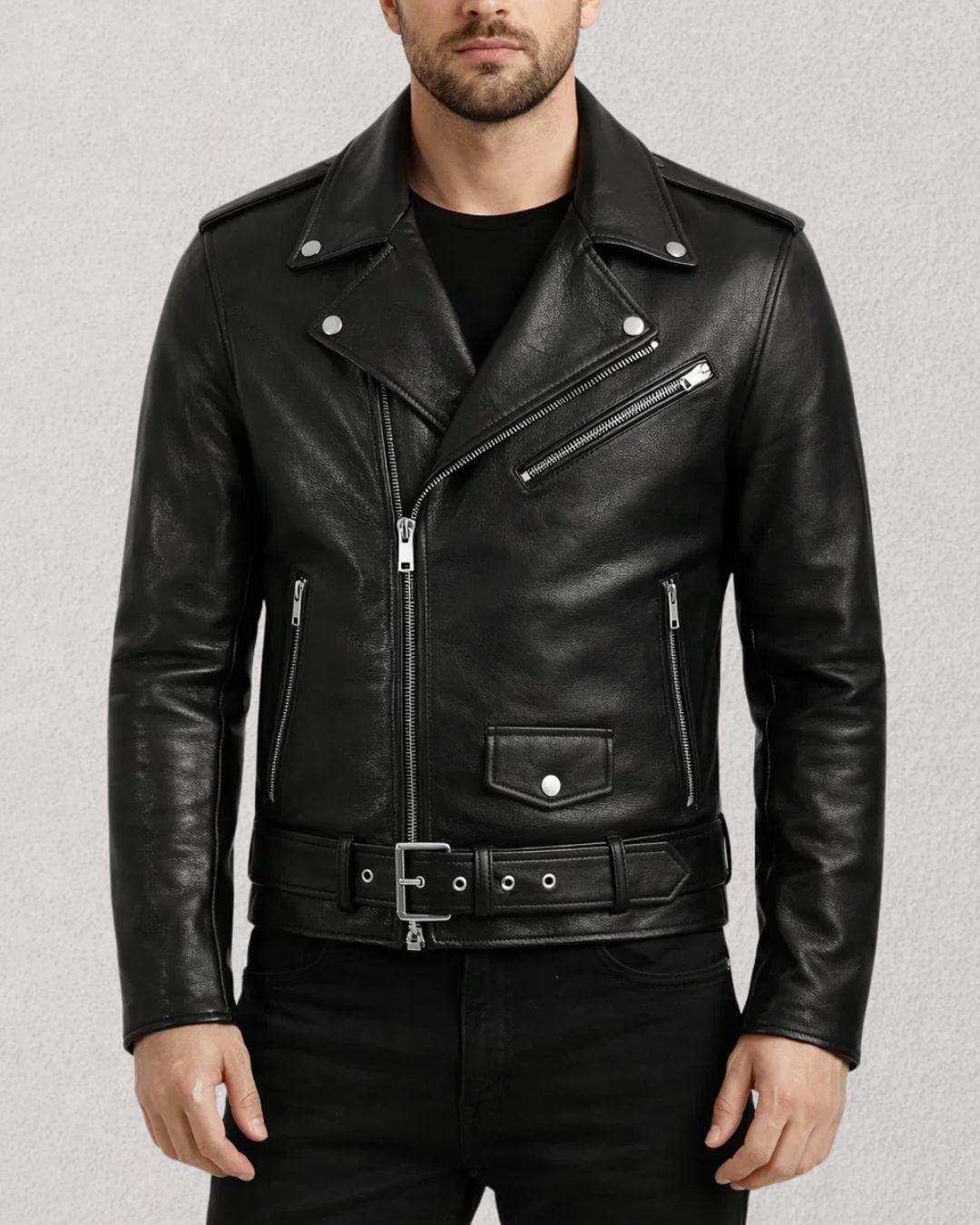 Mens Black Sheepskin Moto Jacket: Asymmetrical Biker Streetwear