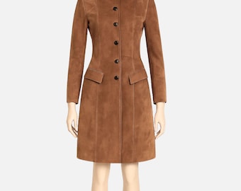 Womens Brown Suede Trench Coat: Knee Length Coat- Longline Leather Winter Outerwear- Handmade dress