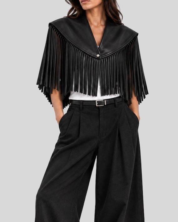 Women Black Leather Cape Jacket - Women Fringe Leather Cape - Western Leather Cape - Black Fringe Jacket