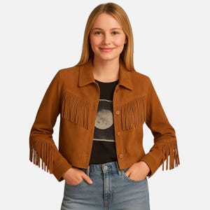 Brown Suede Fringe Jacket for Women – Cropped Sheepskin Western Jacket- Boho Style Outerwear -Cowgirl Suede Vest- Gift For Her