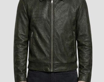 Croc Embossed Green Leather Jacket for Men – Slim Fit Olive Zip Up Jacket Textured Leather Coat
