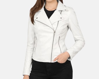 Women White Leather Biker Jacket – Classic Moto Zip Leather Jacket for Women Stylish Slim Fit Outerwear