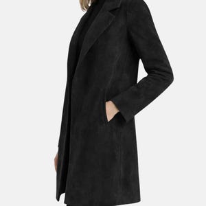 Luxe double-breasted jas van suède lamsleer - lange zwarte trenchcoat - stijlvolle outfit en uitloper voor dames afbeelding 3