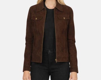 Brown Lambskin Suede Trucker Jacket: Women's Boho Western Outerwear- Minimalist Outwear - Classic Jacket