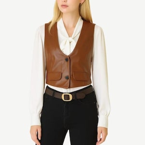 Women Cropped Sheepskin Leather Vest: Light Brown Fitted Waistcoat- Sleeveless Jacket- Minimalist Outwear