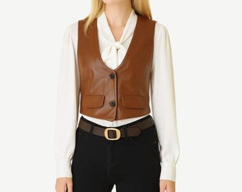 Women Cropped Sheepskin Leather Vest: Light Brown Fitted Waistcoat- Sleeveless Jacket- Minimalist Outwear