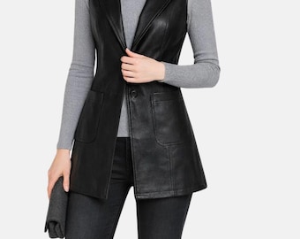 Chaleco de piel de oveja negra para mujer - Gabardina sin mangas - Abrigo hecho a mano