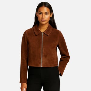 Women Brown Suede Cropped Jacket: Minimalist Vintage Style - Handmade Luxury Outfit- Winter Outwear