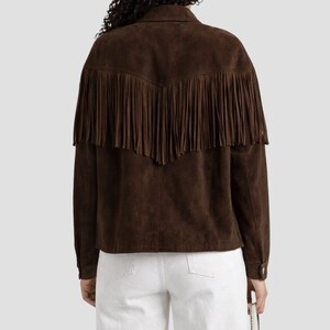 Brun mockajacka med fransar för kvinnor | Western mockajacka | Boho mockakappa med fransar | Chokladbrun jacka med fransar bild 2