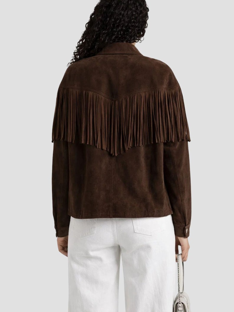 Brun mockajacka med fransar för kvinnor | Western mockajacka | Boho mockakappa med fransar | Chokladbrun jacka med fransar bild 2