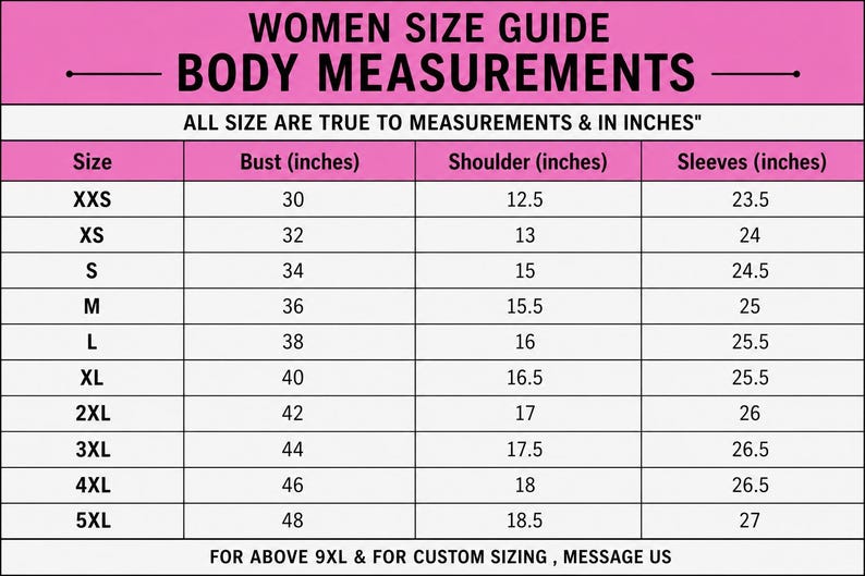 May include: A size guide chart with a pink header titled WOMEN SIZE GUIDE BODY MEASUREMENTS. It lists sizes from XXS to 5XL with corresponding bust, shoulder, and sleeve measurements in inches. The text states all sizes are true to measurements.