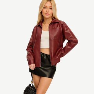 Burgundy Leather Jacket For Women- Bomber Jacket For Women- Sheepskin Jacket- Long Sleeve Jacket- Women Cropped Jacket- Perfect Gift For Her