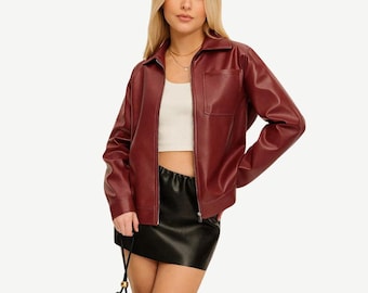 Women Red Leather Cropped Jacket: Modern Moto Style- Handmade Luxury Jacket