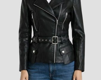 Women Black Leather Biker Jacket With Belt - Sheepskin Long sleeves Leather Jackets -Quilted Leather Jacket - Perfect Gift For Her -