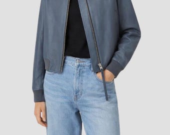 Grey Leather Bomber Jacket for Women – Soft Sheepskin Jacket  - Long Sleeve Jacket –Women Crop Jackets - Short Leather Jacket - Gift for Her