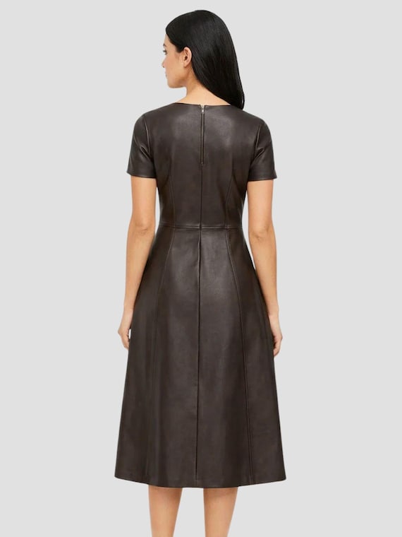 Womens Brown Leather Dress - Short Sleeve Midi Dress - Classy Handmade Knee Length Dress