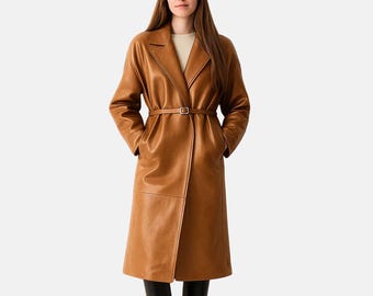 Women Brown Leather Trench Coat: Long Belted Handmade Overcoat- Luxury Handmade Winter Outfit