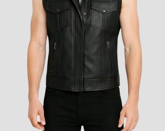 Mens Black Leather Vest- Black Biker Vest- Classic Moto Jacket
