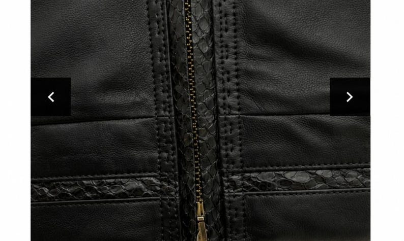 May include: A black jacket featuring a central metal zip closure. The garment is constructed with smooth black panels accented by horizontal strips of textured, snakeskin-patterned leather. Decorative stitching lines border the textured sections.